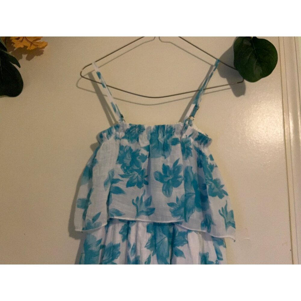 Women’s Blue Floral Hawaiian SunDress Size S Tiered Maxi Spaghetti Strap Festiv - Picture 4 of 7